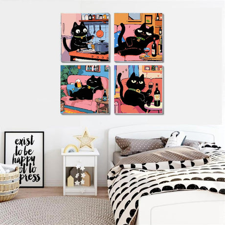 4Pack Funny Black Cat Kitchen Paint by Numbers Kit for Kids, Vintage Animals Easy Framed Adults Paint by Numbers Kits, DIY Cute Cat Acrylic Oil Painting Number Kits for Home Wall Decor (8 x 8 Inch) Fotasmua