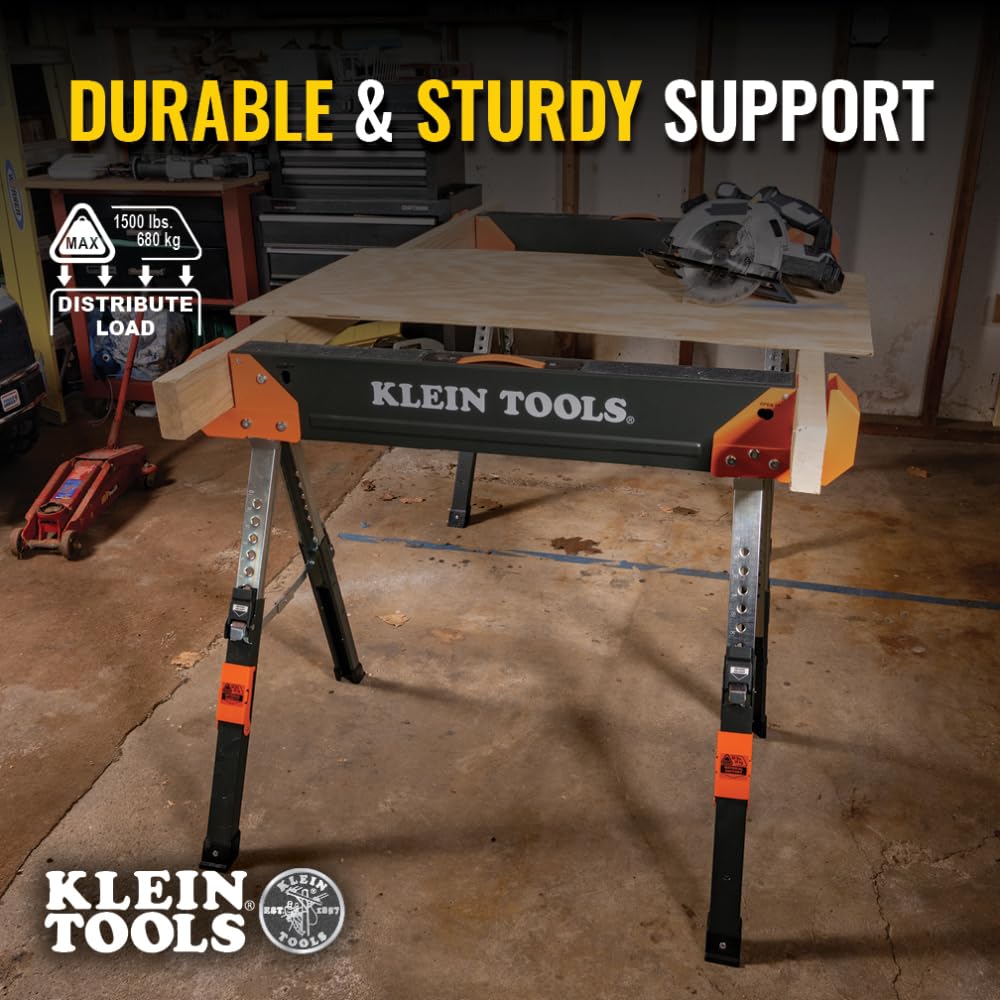 Klein Tools 66188 Folding Saw Horse, 2x4 Support Arms, 26-Inch to 32-Inch Adjustable Height, Heavy Duty Jobsite Table, 1-Pack Klein Tools