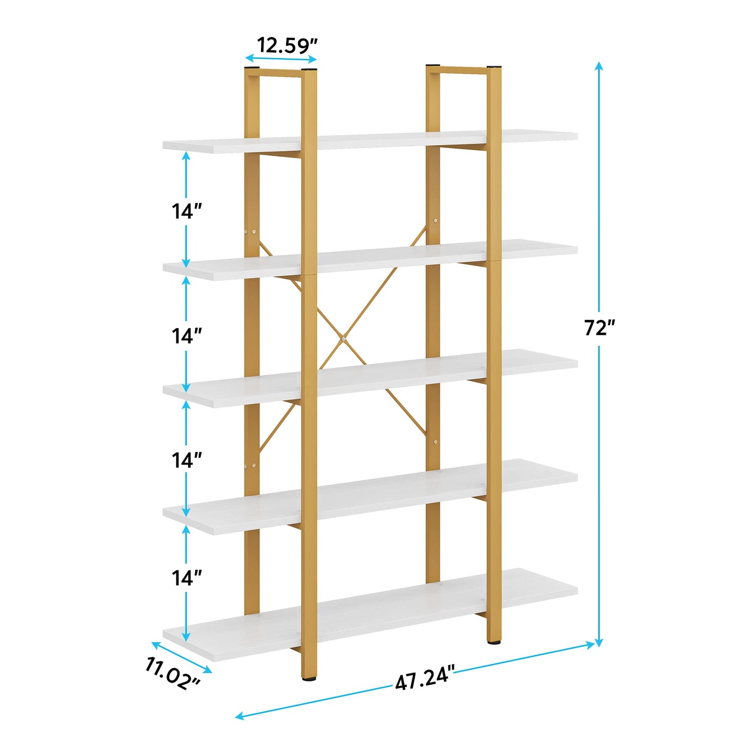 Tribesigns Vintage Industrial 5-Tier Bookshelf - Gold & White Etagere Bookcase 70" H x 47" L - WoodArtSupply