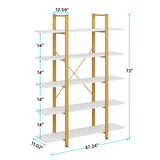 Tribesigns Vintage Industrial 5-Tier Bookshelf - Gold & White Etagere Bookcase 70" H x 47" L Tribesigns
