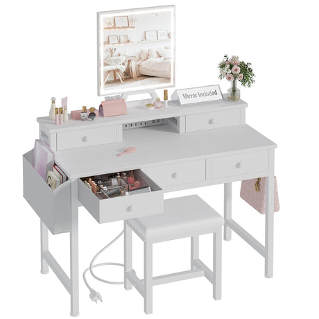 KAI-ROAD White Makeup Vanity Desk with Mirror and Lights, 40 inch Girls Vanity Set with Chair, Make Up Dresser Table with Drawers and Power Outlet for Bedroom Small Space KAI-ROAD