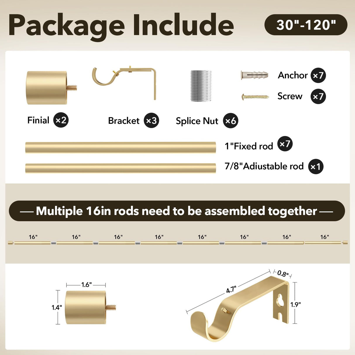 IFELS Heavy Duty Curtain Rods for Windows 66 to 120 Inch, 1 Inch Gold Curtain Rods for Outdoor, Farmhouse, Bedroom, Kitchen, Living Room, Adjustable Easy Install Curtain Rods (A2,Gold,30"-120") IFELS