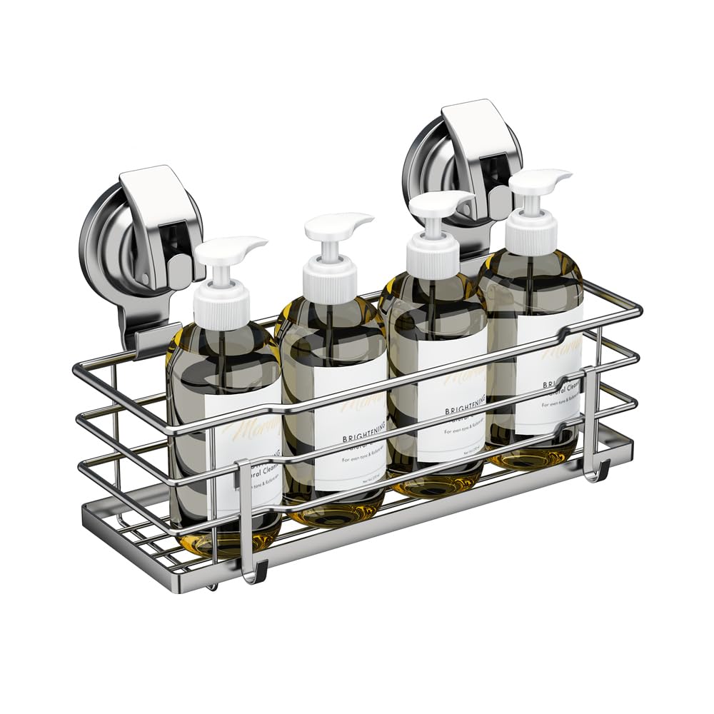 TESOT Suction Cup Shower Caddy, Shower Shelf Soap Dish with Hooks for Razor, Sponge, Rust Proof 304 Stainless Steel, Silver TESOT