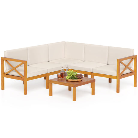 Tangkula 6 Pieces Acacia Wood Patio Furniture Set, Outdoor Sectional Conversation Set with Cushions and Coffee Table, L Shaped Corner Sofa Set for Garden, Porch, Poolside and Backyard (Off White) Tangkula