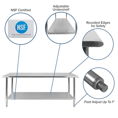 Flash Furniture Reader NSF Certified Stainless Steel Kitchen Prep and Work Table, Commercial Work Table with Undershelf Storage, 72" W x 30" D x - WoodArtSupply