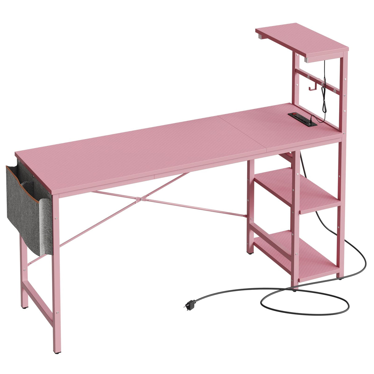 Bestier Gaming Desk with Power Outlets, 61 Inch Large Led Gamer Desk with 4 Tiers Reversible Shelves, PC Gaming Table with Headset Hook & Side Storage Bag for Bedroom (Pink 3D Carbon Fiber) Bestier