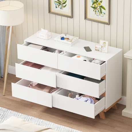 KOZIDO White Wooden Dresser with 6 Deep Drawers, 6 Chest of Drawers Double Dressers, Modern Storage Cabinet for Bedroom, Living Room, Hallway, Entryway - White KOZIDO