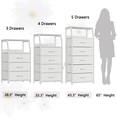 Furnulem White Dresser with 5 Drawers, Vertical Storage Tower Fabric Dresser for Bedroom, Hallway, Entryway, Nursery, Closet Organizer, Nightstand Bedside Table Furniture, Sturdy Steel Frame, Wood Top Furnulem