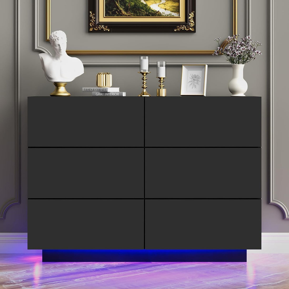 UEV LED 6 Drawer Dresser,White Dresser for Bedroom with Light,Chest of Drawers with High Glossy finsh for Bedroom,Living Room,Entryway(Black) UEV