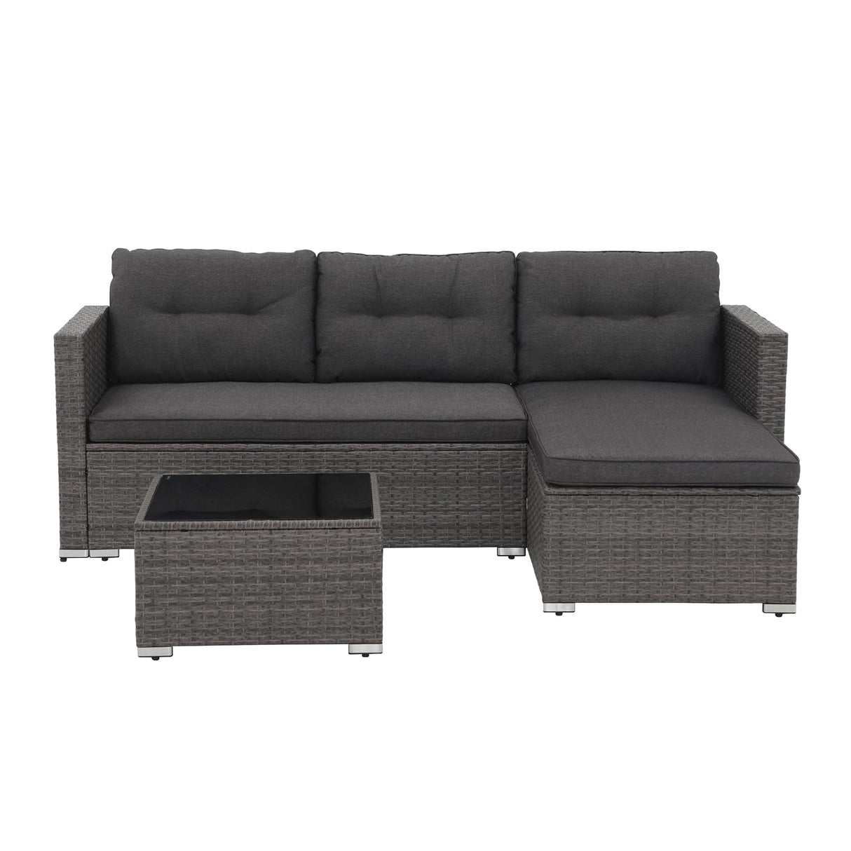 JOIVI Outdoor Patio Furniture Sets, 3-Piece All Weather Wicker Outdoor Conversation Set, Rattan Sectional Sofa Set, Patio Couch with Tempered Glass Table for Porch, Garden, Dark Gray JOIVI