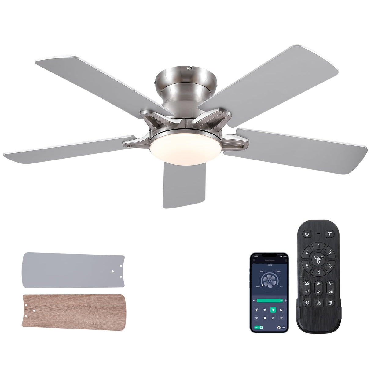CHESUR Flush Mount Ceiling Fans with Lights Remote/APP Control, Modern Ceiling Fan Light with Timer Setting and Silent Motor, Low Porfile Reversible Fan Light for Indoor/Outdoor Use CHESUR