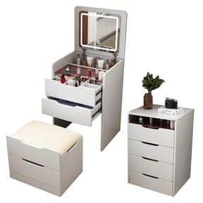 3 in 1 Vanity Desk with Plip Top Mirror, Small Vanity Desk Set with Storage Chair, Compact Makeup Vanity Desk with Visible Glass Desktop, for Bedroom, Apartment, Cloakroom, White (Basic Small Size) RIDFY