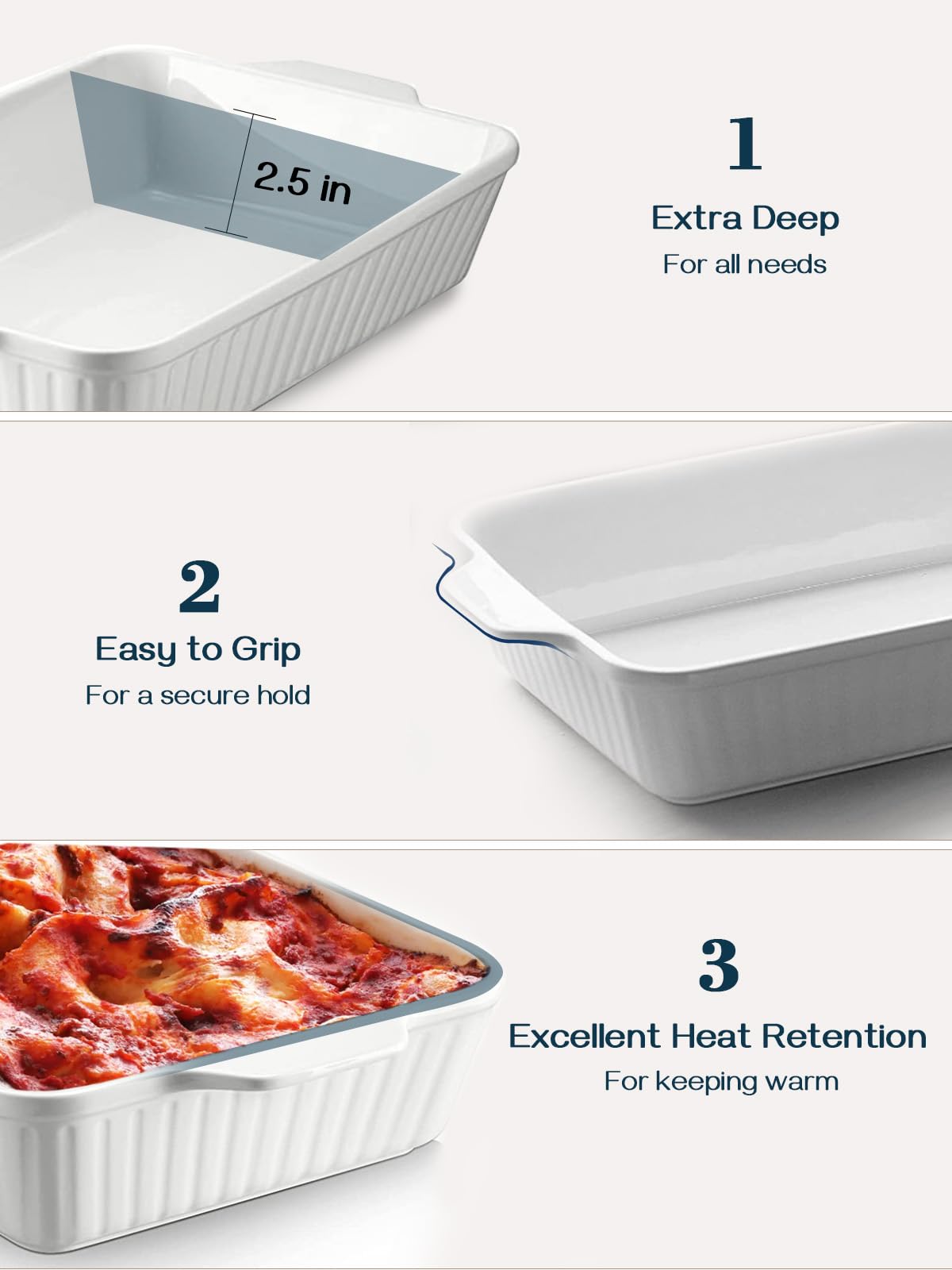 DOWAN Casserole Dish, 9x13 Ceramic Baking Dish, Large Lasagna Pan Deep for Oven, 4.2 Quarts Baking Pan with Handles, Oven Safe and Durable Bakeware for Lasagna, Home Decor, Wedding Gift, White