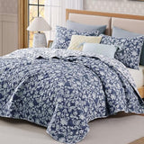 BLOOMHAVEN Quilt Set Queen Size, Oxford Blue Floral Quilt Sets, Reversible Bedspread Lightweight and Breathable for All Seasons, Soft Quilted Bedspread with 2 Pillow Shams BLOOMHAVEN