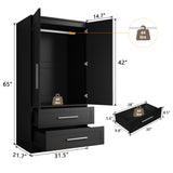 iPormis Wooden Armoire Wardrobe Closet with 2 Drawers, Clothing Storage Cabinet with Shelves Aluminum Hanging Rod, Wardrobe Storage with Strong Door Closure, Modern Bedroom Clothing Armoires, Black iPormis