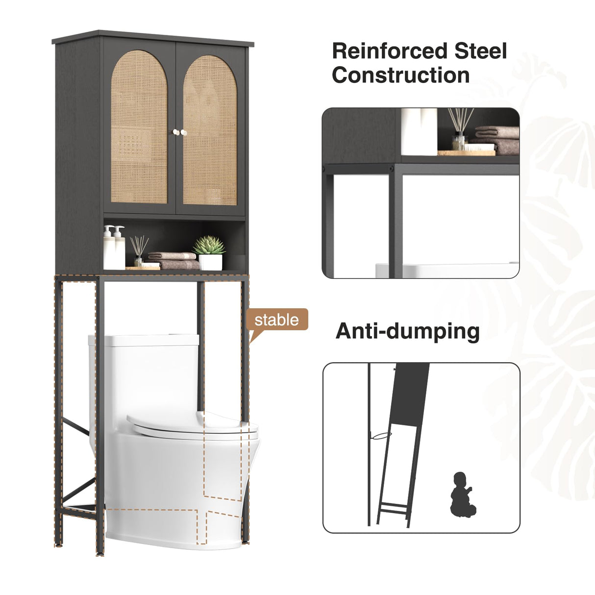 Rattan Door Black Toilet Storage Cabinet with Adjustable Shelf and Metal Stand Befrases