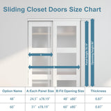 JUBEST Sliding Closet Door 48"(Double 24.5")x80", 3-Lite Frosted Glass Bypass Door with Hardware Kit & Matching Fascia, Pre-Drilled Solid Wood Slab with Water-Proof PVC Surface, Easy to Install, White JUBEST