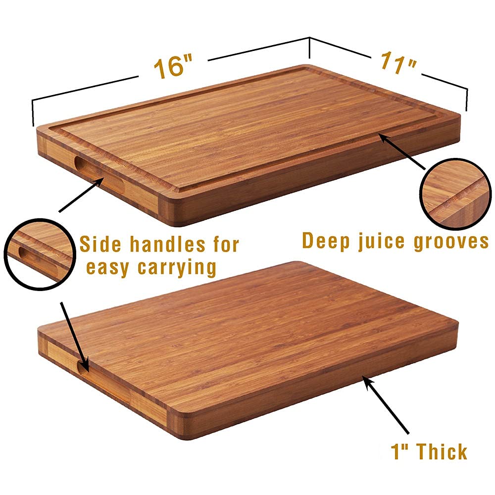 Bamboo Wood Cutting Board for Kitchen, 1" Thick Butcher Block, Cheese Charcuterie Board, with Side Handles and Juice Grooves, 16x11"