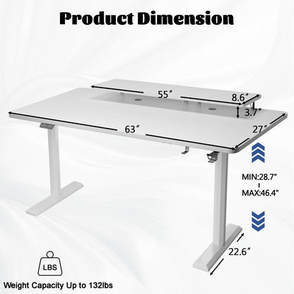 Shahoo Electric Standing Desk with Monitor Shelf, 63 x 27 Inches Height Adjustable Corner Table, Computer Workstation with Cup Holder and Hook for Home Office, White, 63x27 Inch - WoodArtSupply