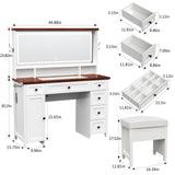 KOLIGEY Vanity Desk with Mirror and Lights, 45"W Farmhouse Makeup Vanity Desk with 44"W Lighted Mirror, Dressing Table with Glass Tabletop, 6 Drawers & 1 Cabinet Door for Bedroom, Dark Walnut & White KOLIGEY