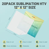 HTVRONT Clear HTV Vinyl for Sublimation, 20 Pack 12" X 12" Matte Sublimation Vinyl for Cotton Fabric, Wash Durable Clear Dye Sub HTV for Light-Colored T Shirts HTVRONT