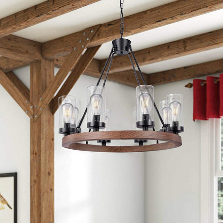 Wellmet 8-Light Farmhouse Chandeliers for Dining Room, 30 inch Rustic Wagon Wheel Chandelier with Seeded Glass Shade, Antique Vintage Round Wood-Painted Hanging Lighting Kitchen Island Living Room Wellmet