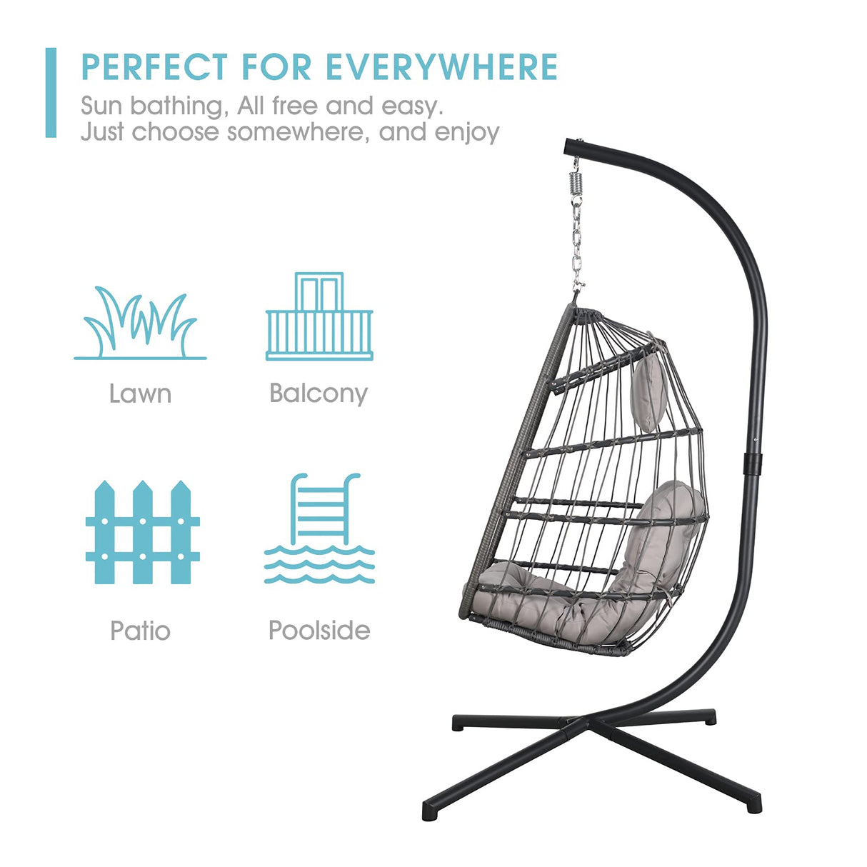 Patiorama Indoor Outdoor Egg Swing Chair with Stand, Patio Grey Wicker Rattan Hanging Chair with Rope Back, Cushion,Cover,All Weather Foldable Hammock Chair for Bedroom, Garden (Light Grey) Patiorama