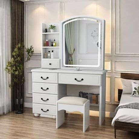 Runboll Elegant Vanity Desk with Lighted Mirror, 6 Drawer White Dressing Table Set for Bedroom, Features Adjustable 3-Color LED Lights, Perfect Makeup Vanity with Storage Runboll