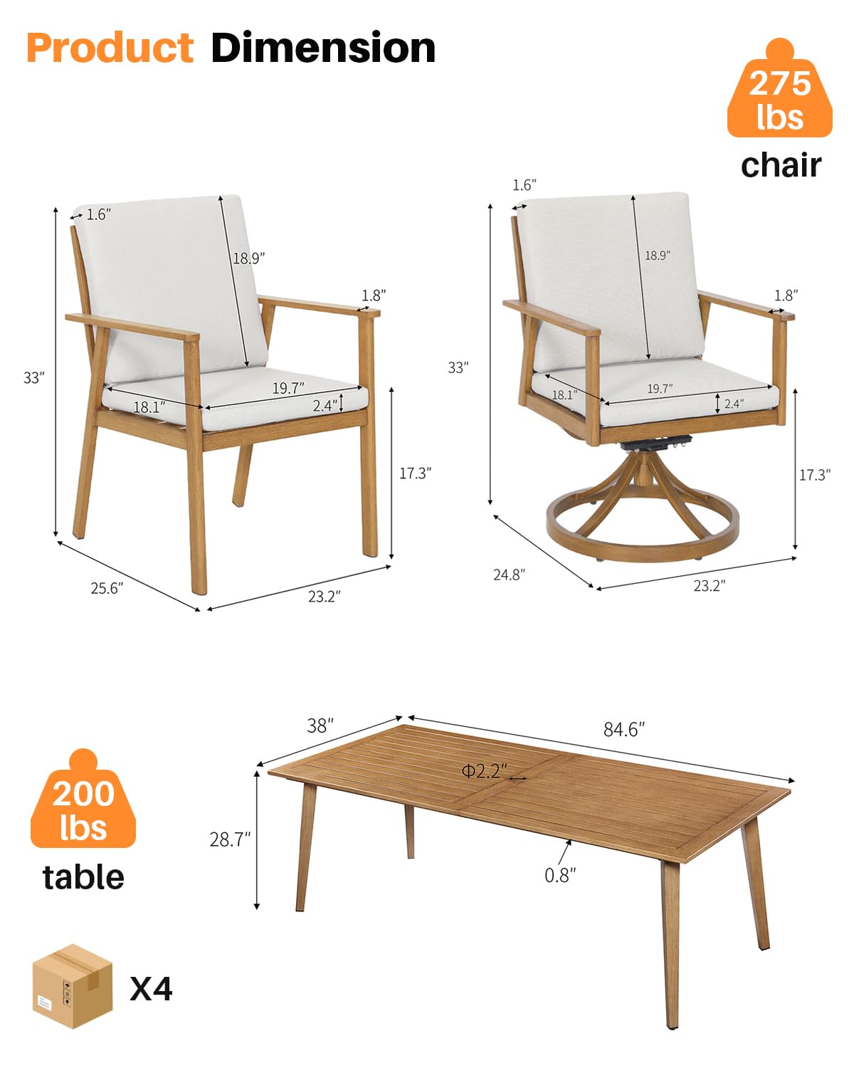 SeeHill 9 Pieces Patio Dining Set for 8, Outdoor Aluminum Dining Furniture Set with Umbrella Hole, Outdoor Patio Table Sets with 2 Swivel Chairs, 4 Dining Chairs and Table for Deck Yard Poolside, Teak SEEHILL