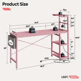 Bestier Gaming Desk with Power Outlets, 61 Inch Large Led Gamer Desk with 4 Tiers Reversible Shelves, PC Gaming Table with Headset Hook & Side Storage Bag for Bedroom (Pink 3D Carbon Fiber) Bestier