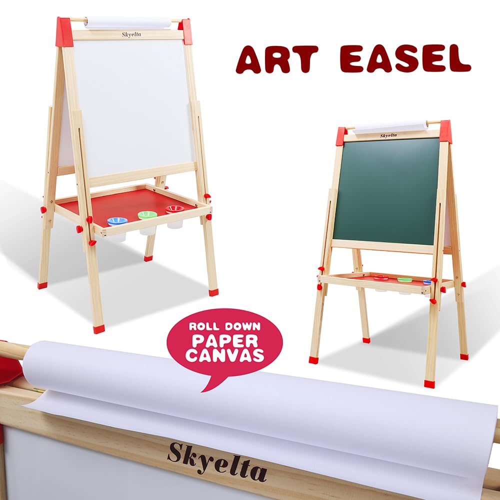 Skyelta Art Easel for Kids Ages 2-4 4-8 9-12,Double Sided Wooden Kids Easel Drawing Board with Magnetic Chalkboard,3-Level Height Adjustable,100+ Accessories,Gift & Art Supplies for Kids Skyelta