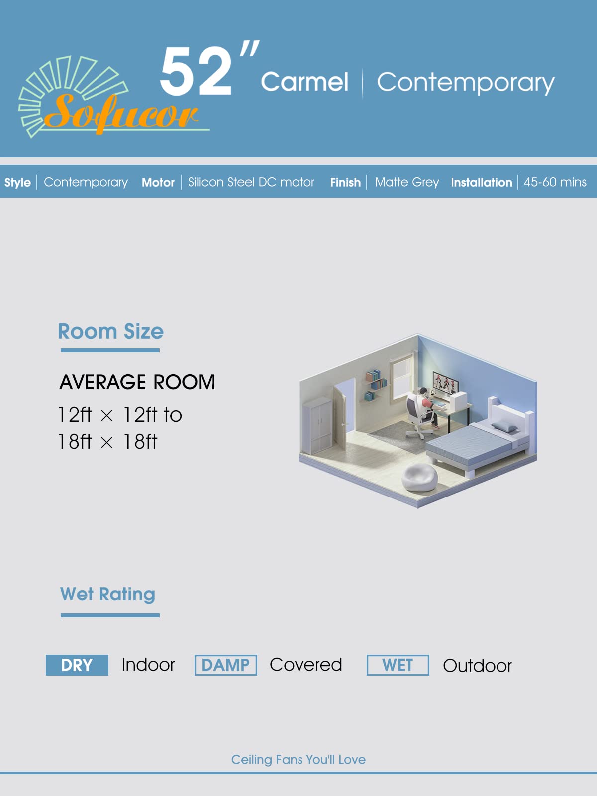 Sofucor 52'' Ceiling Fan no Light, Low Profile Ceiling Fan without Light, Flush Mount Ceiling Fan with Remote Control, Quiet Energy Saving with 6 Speeds, Timer, Light Wood Grain Sofucor