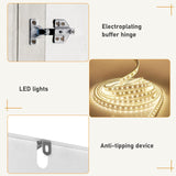 3 Doors Armoire Wardrobe Closet with Mirror, LED Armoire with Doors and Drawers, Wooden Armoire Storage Cabinet with Hanging Rod, Adjustable Shelves, White chartustriable