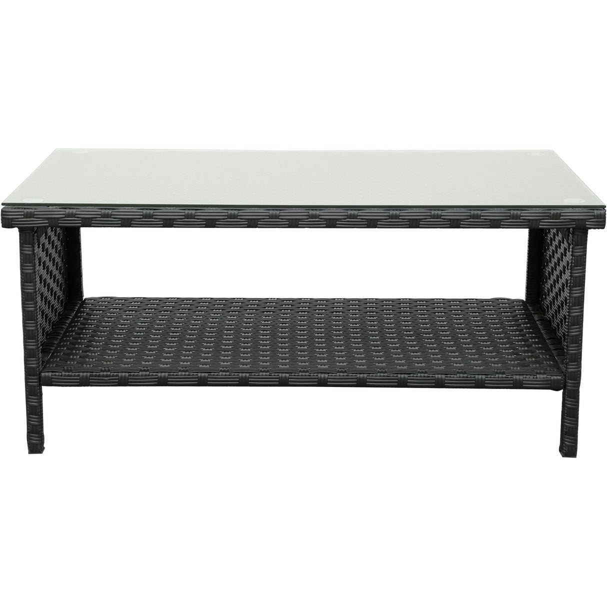 Outdoor Wicker Coffee Table Patio Furniture Garden Rattan 2-Layer Glass Table with Storage and Furniture Cover, Black Rattaner
