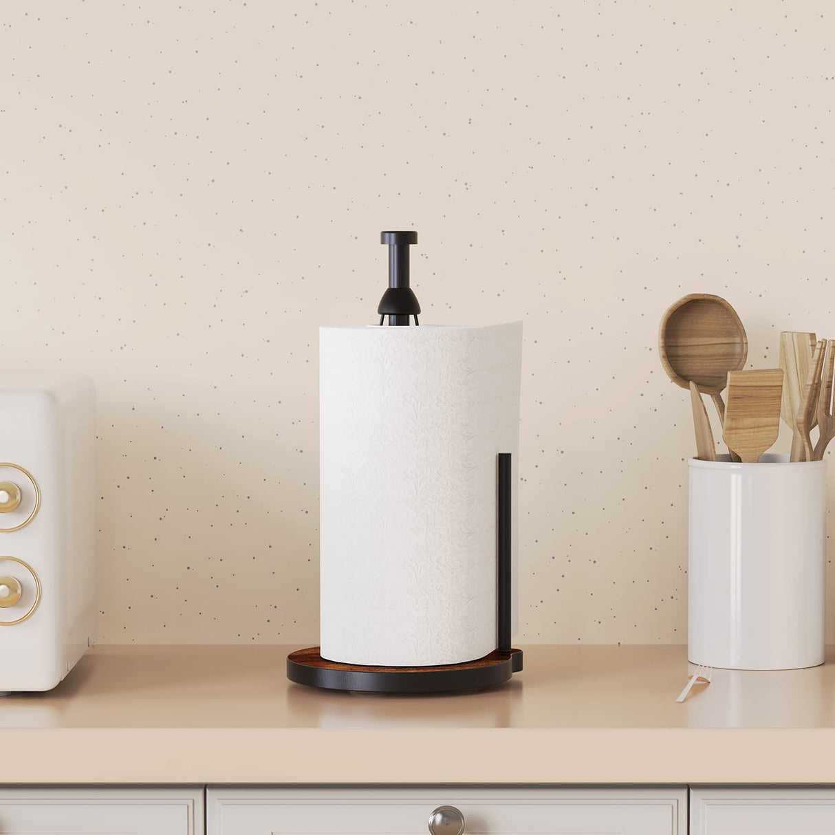 VEHHE Paper Towel Holder Countertop, One-Handed Tearing Wood Paper Towel Holder Farmhouse with Ratchet System and Suction Cups, Stainless Steel Paper Towel Holders for Bathroom and Kitchen VEHHE