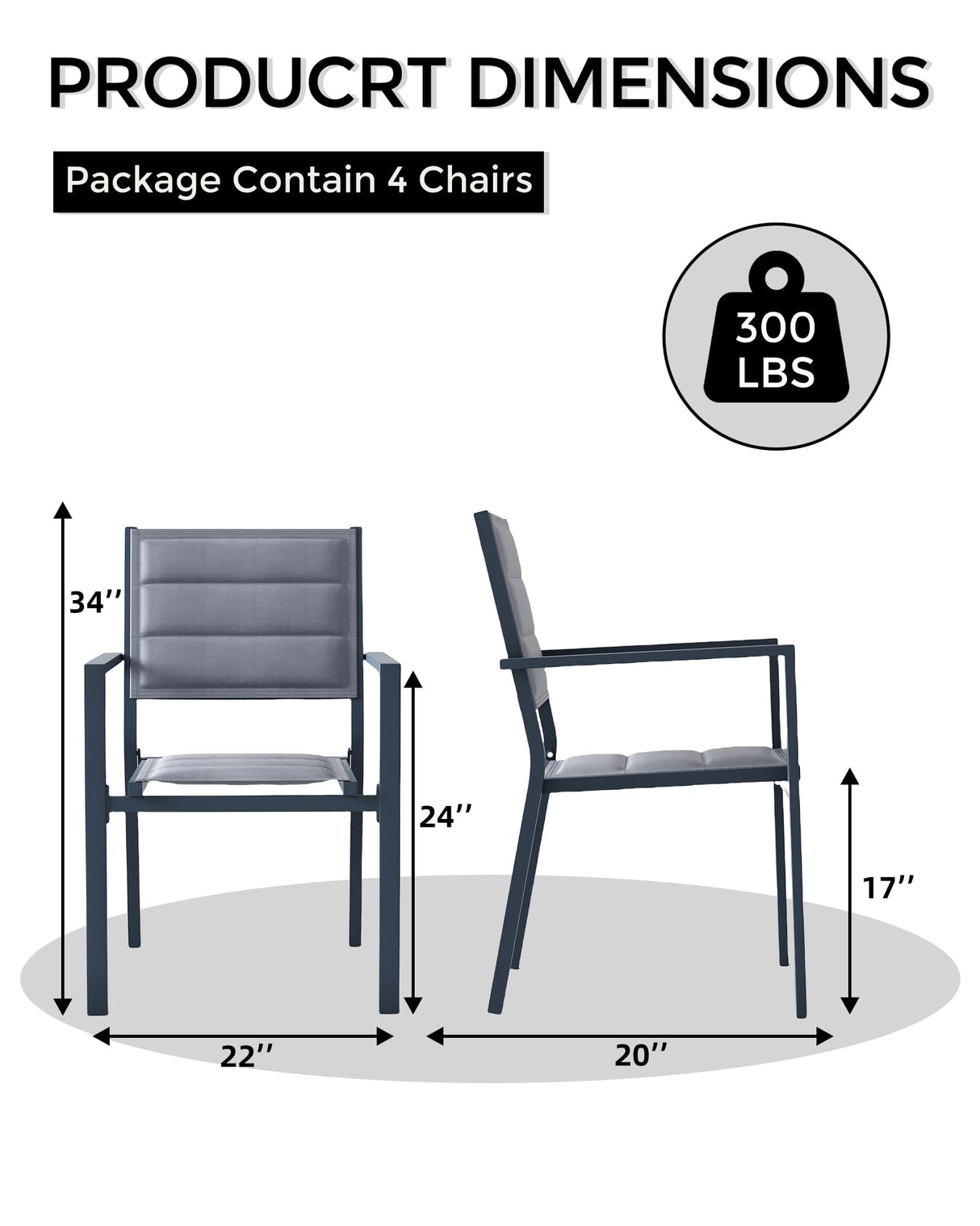4 Piece Aluminum Patio Stackable Dining Chairs Set, Outdoor Metal Lightweight Stacking Dining Chair with Textilene Fabric, for Backyard Lawn Deck Poolside Porch Bistro, Dark Grey GAOMON