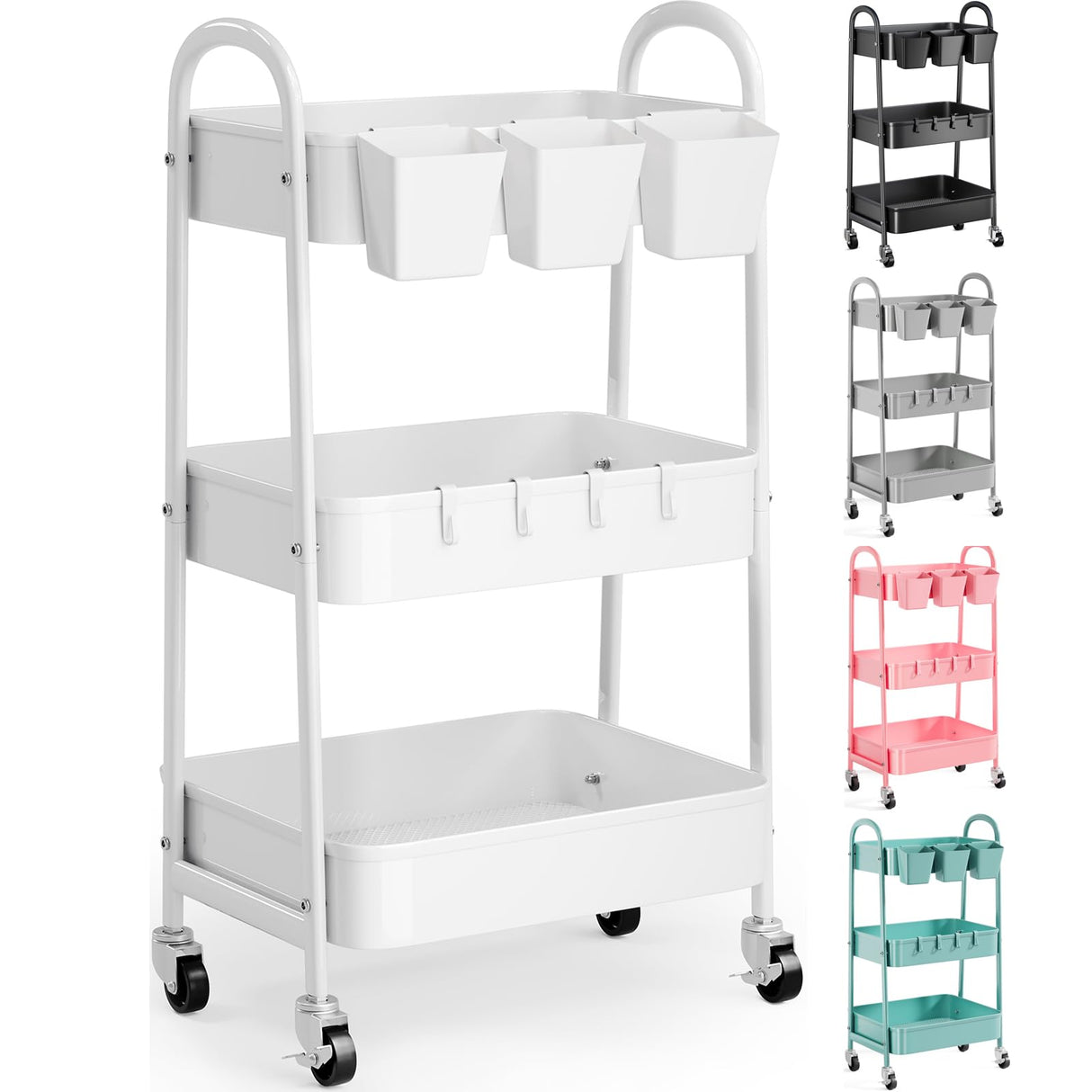 3 Tier Heavy Duty White Metal Rolling Cart with Lockable Wheels, Three Tier Roller Book Snack Cart, Utility Storage Organizer Carts for Kitchen, Bathroom, Garage, Baby Diaper, Craft, Art, Teacher Recximi