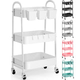 3 Tier Heavy Duty White Metal Rolling Cart with Lockable Wheels, Three Tier Roller Book Snack Cart, Utility Storage Organizer Carts for Kitchen, Bathroom, Garage, Baby Diaper, Craft, Art, Teacher Recximi