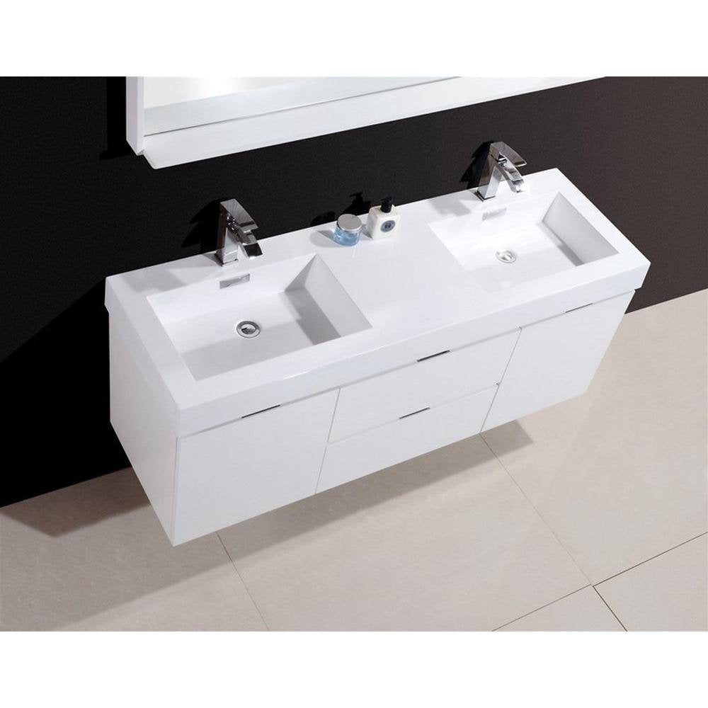 Kubebath Bliss 60" Double Sink High Gloss White Wall Mount Floating Modern Bathroom Vanity Kube Bath