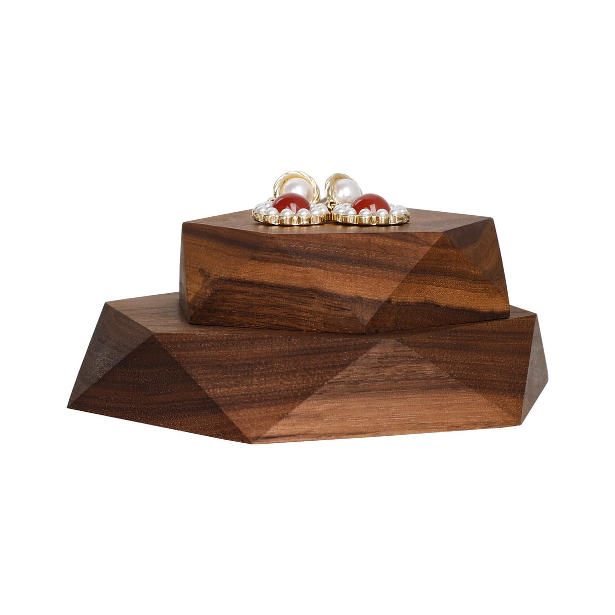 GemeShou 2pcs Wooden Jewelry display tray, Hexagon jewelry display riser, Jewelry retail shop photography props【Walnut Hexagon tray-2pcs】 GemeShou