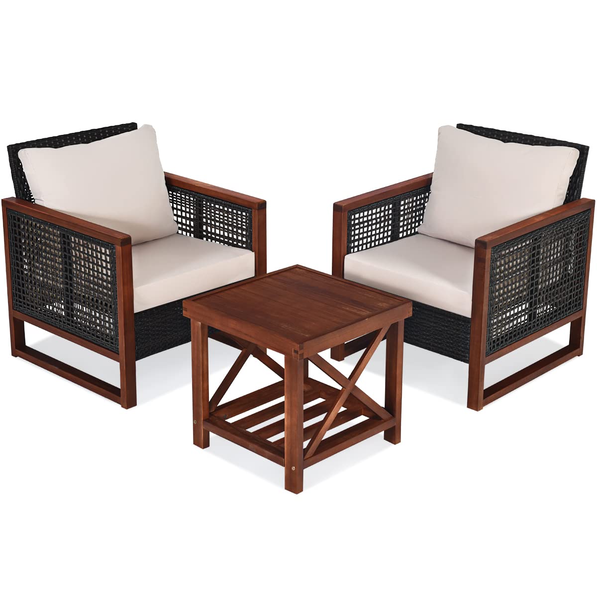 HAPPYGRILL 3 Pieces Outdoor Patio Furniture Set Wicker Chairs with Coffee Table, Balcony Porch Furniture Bistro Set with Wood Frame and Washable Cushions for Garden Poolside Backyard