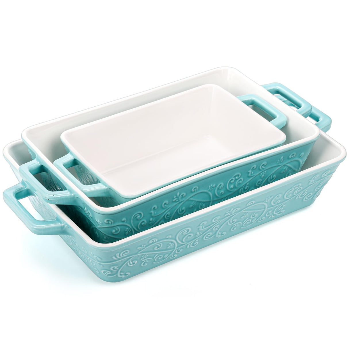 Okllen Set of 3 Casserole Dishes for Oven, Ceramic Baking Dishes with Handles, Rectangular Lasagna Pan Bakeware Set for Baking Cooking, Roasting, Broiling, Gratin, Wedding & Housewarming Gift, Blue Okllen