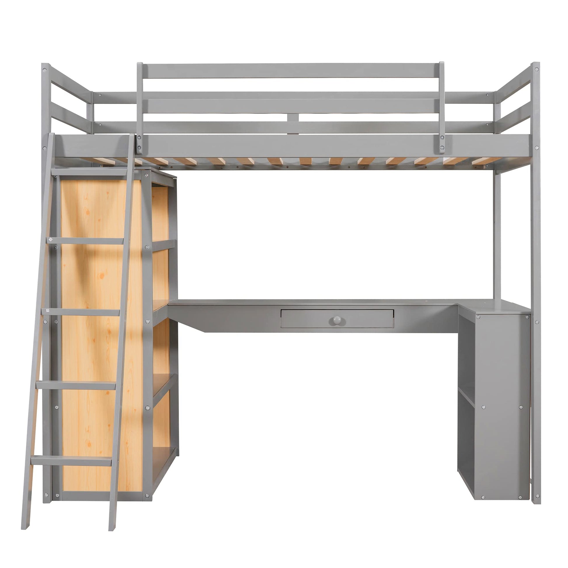 Harper & Bright Designs Twin Loft Bed with Desk, Shelves, and Storage in Grey - WoodArtSupply