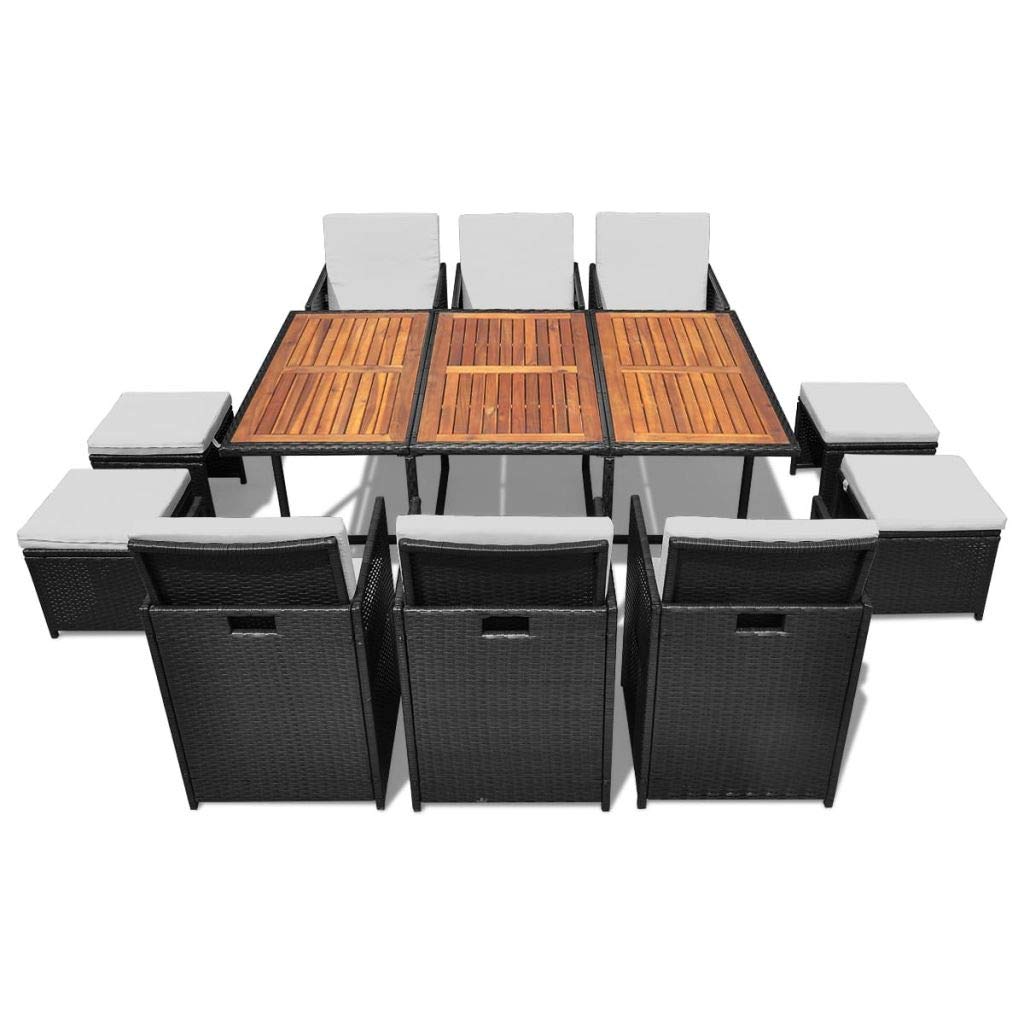 FAMIROSA 11 Piece Outdoor Dining Set Poly Rattan and Acacia Wood Black FAMIROSA