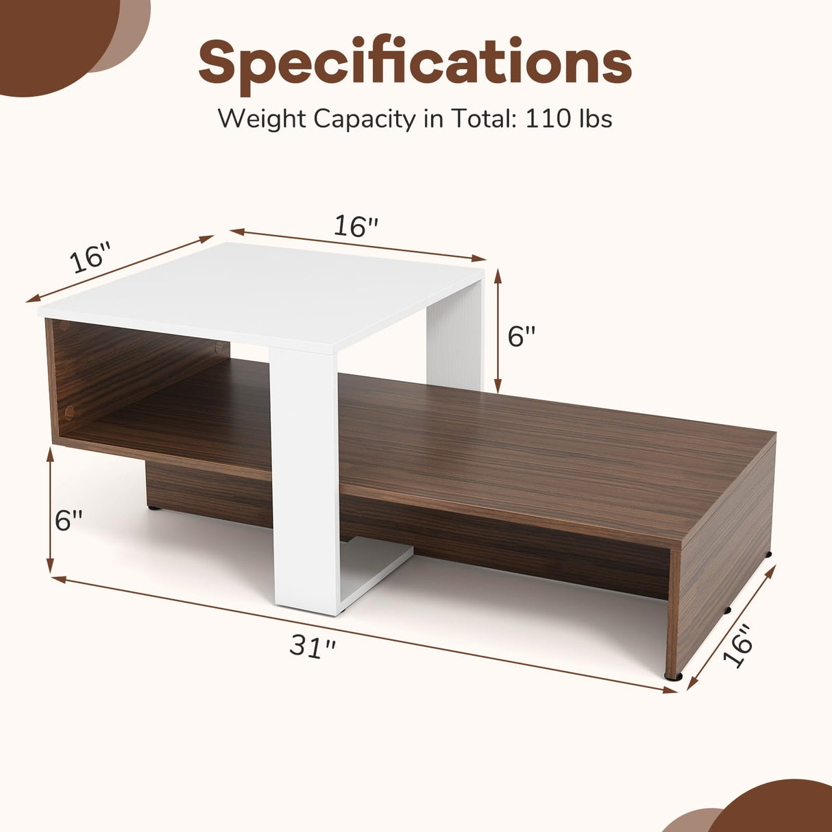 Giantex 2-Tier Coffee Table with Storage, Mid Century Modern Geometric Living Room Table with Open Shelf, Center Table for Living Room Reception Room, White & Walnut Giantex