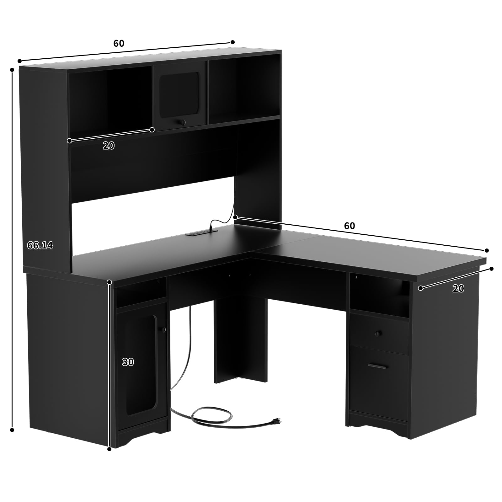 Unikito Office Desk with Drawers and Hutch, Large L Shaped Computer Desks with Power Outlet and LED Lights, 60 Inch Modern Corner Desk with File Cabinets, Sturdy 2 Person Home Office Table, B - WoodArtSupply