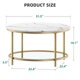 YITAHOME White Marble Round Coffee Table with Glass for Living Room, 2-Tier Circle Coffee Table with Storage Clear Coffee Table, Simple Modern Center Cocktail Table, White & Gold YITAHOME