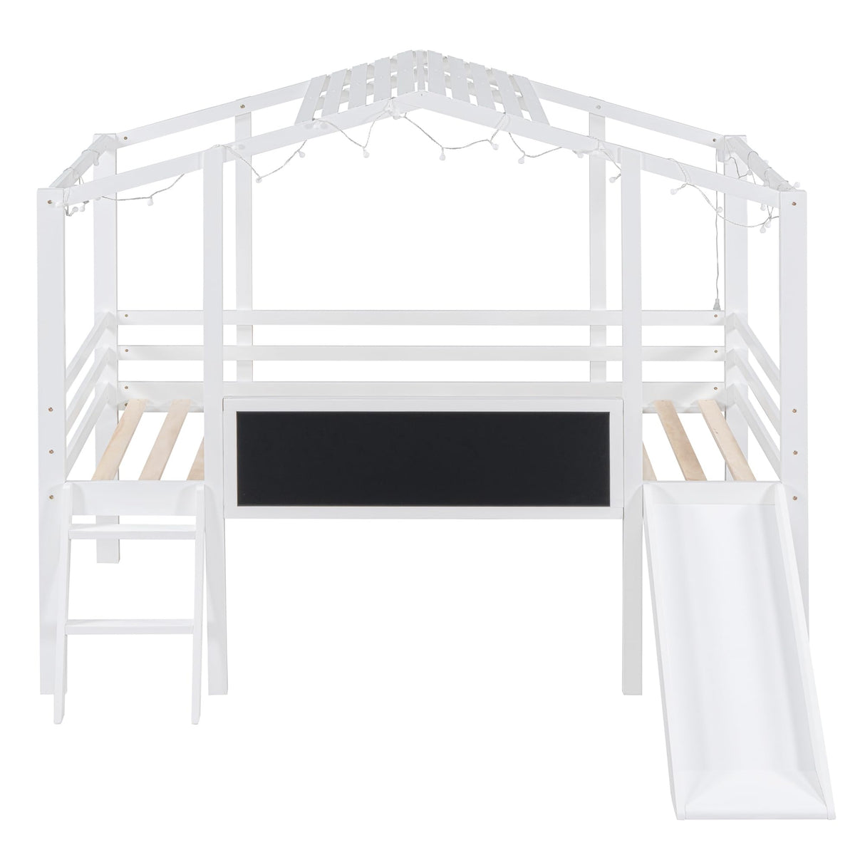 Harper & Bright Designs Kids House Loft Bed with Slide, Twin Size Low Loft Bed with LED Lights & Blackboard, Wood Playhouse Loft Bed with Ladder and Slats Support, for Kids Boys Girls, White Harper & Bright Designs