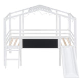 Harper & Bright Designs Kids House Loft Bed with Slide, Twin Size Low Loft Bed with LED Lights & Blackboard, Wood Playhouse Loft Bed with Ladder and Slats Support, for Kids Boys Girls, White Harper & Bright Designs