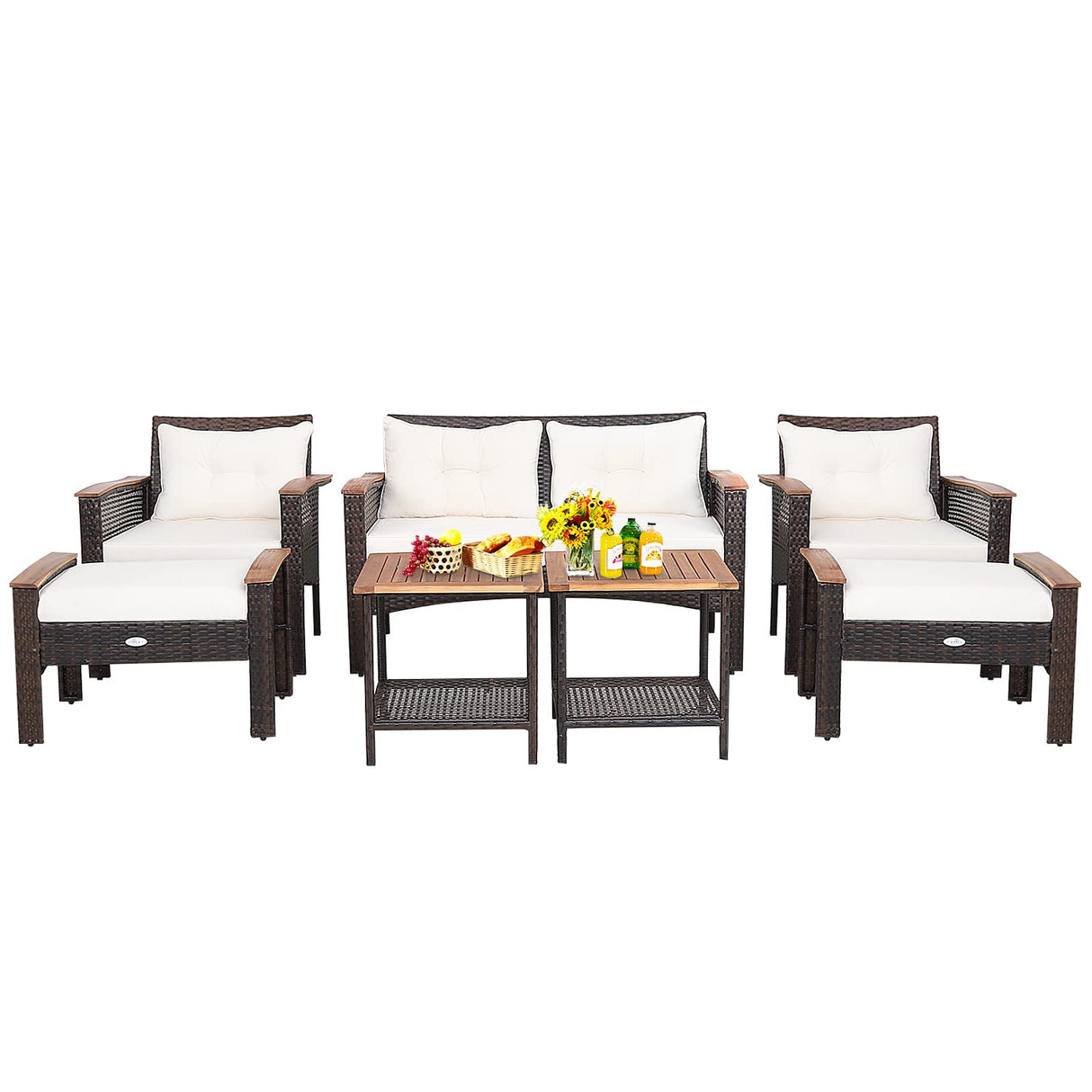 Tangkula 7 Piece Wicker Patio Furniture Set, Patiojoy Acacia Wood Patio Conversation Set with 2 Ottomans and 2 Storage Side Tables with Lower Shelf, Outdoor Cushioned Sectional Sofa Set (Off White) Tangkula
